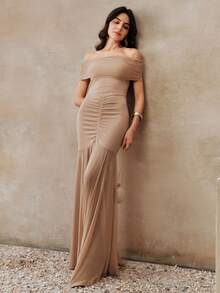 Anewsta 女士纯色露肩褶皱鱼尾优雅收腰派对长裙 - 杏色 - 查看 3
