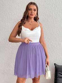 SHEIN Privé 大码夏季休闲纯色褶皱网纱拼接半身裙 - 紫色 - 查看 4