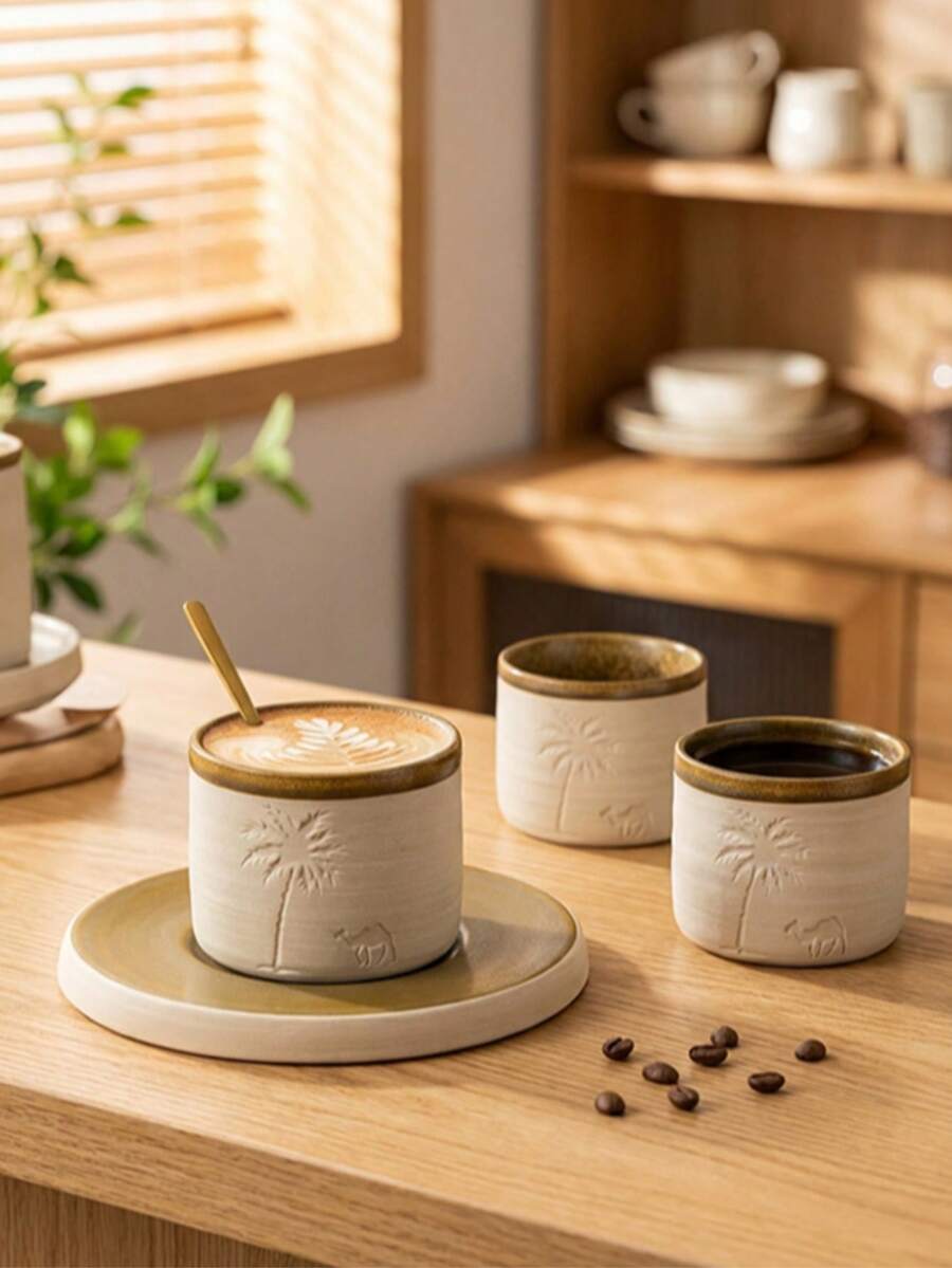 Cirelle Handmade Coarse Pottery Coffee Cup - Vintage Desert Camel & Palm Tree Embossed Ceramic Mug For Espresso, Latte, And Tea (120ml/250ml/310ml)