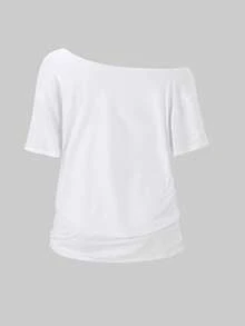 Sweetra 女士宽松不对称肩部T恤，饰有鸡尾酒、水果、橙子图案，Y2K风格，白色 - 白色 - 查看 2