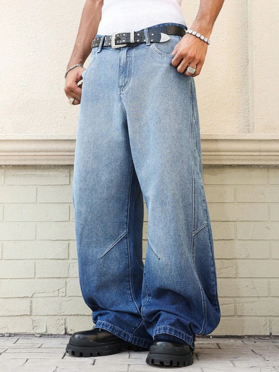 Manfinity EMRG Men's Casual Loose Fit Distressed Flared Leg Blue Jeans - Dark Wash - View 1