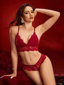 EmpressEnvy Bộ áo ngực và quần lót ren không dây thoáng khí màu trơn gợi cảm thời trang nữ - Màu Đỏ Sâu - Xem 3