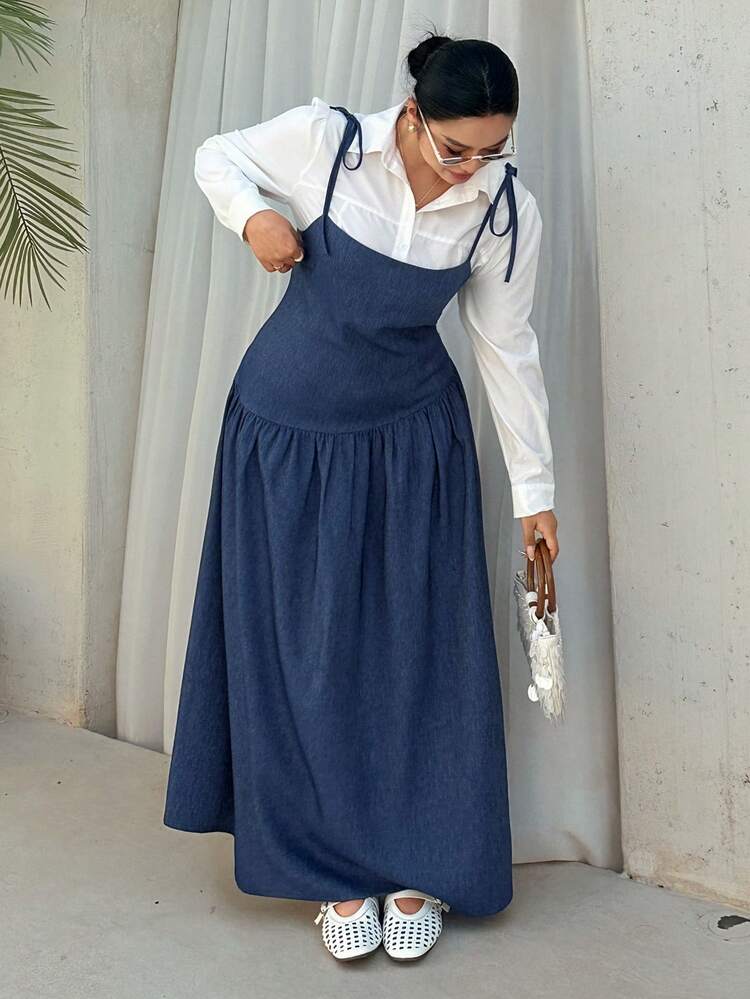 Dazy Plus Plus Size Women Solid Color Fitted Casual Denim Look Strap Dress, Long Blue Dress, Spring/Summer Sundress Vacation Outfits Women