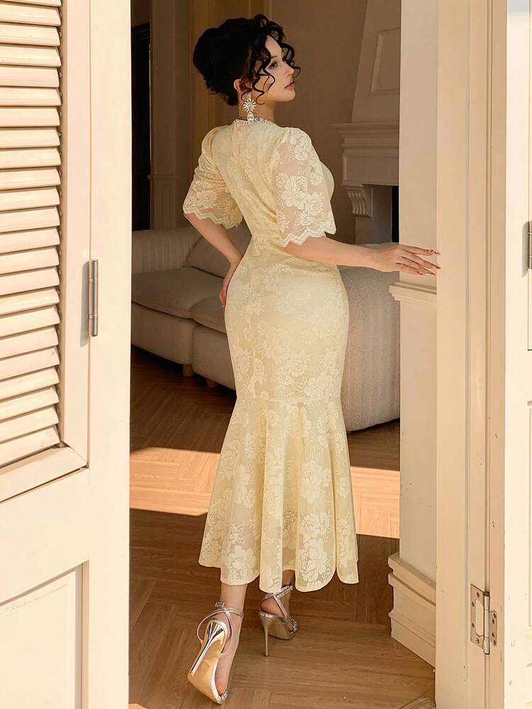 Women's Elegant Lace Rhinestone Ruffle Sleeve Fishtail Midi Dress, Summer Wedding Guest Dress