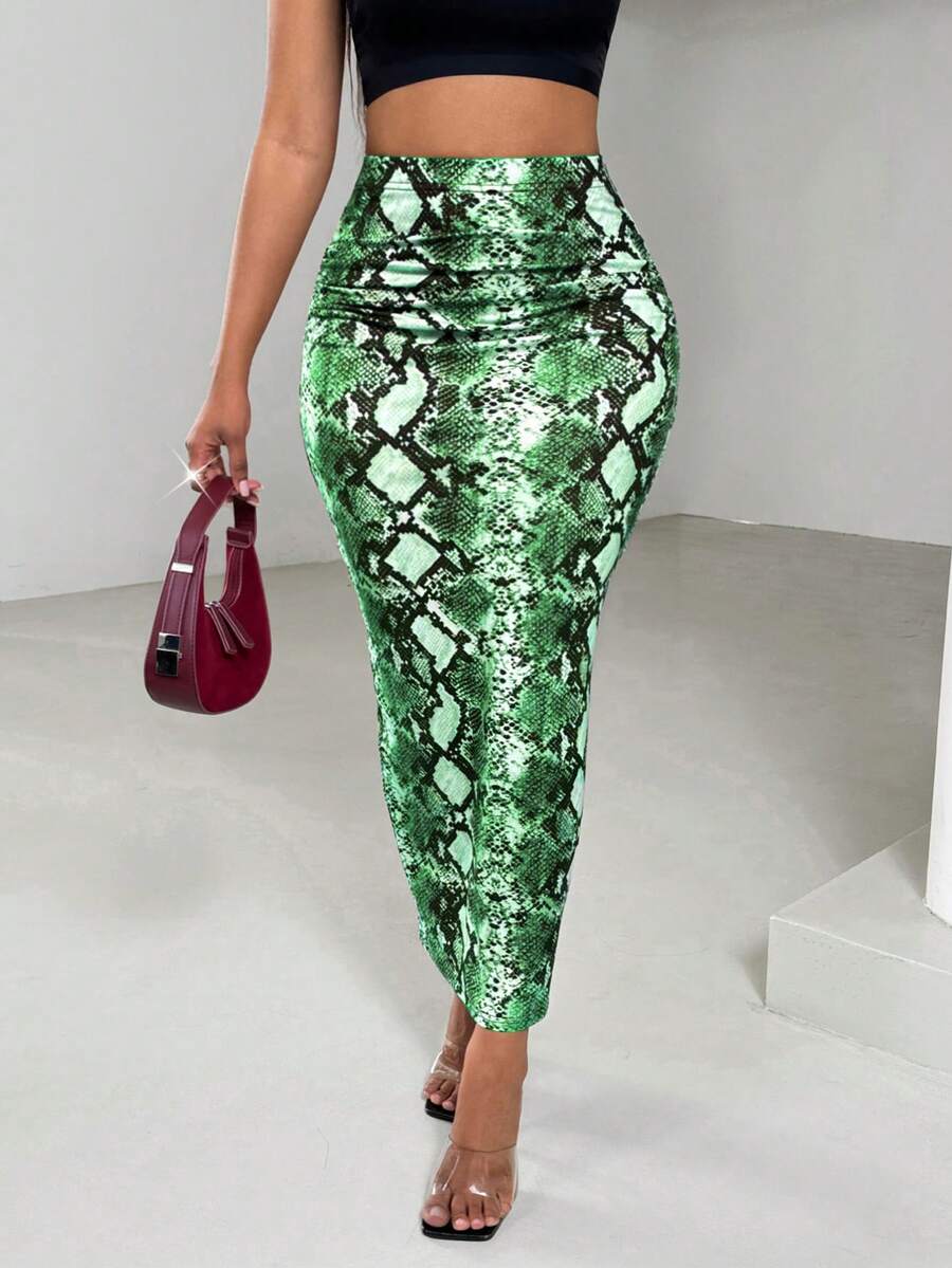 Lunelith SHEIN Lunessa 女士时尚修身性感印花迷你裙 - 綠色 - 查看 1