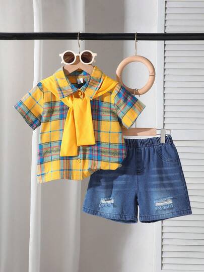 Young Boys Summer Yellow & Blue Plaid Pattern Casual Loose Fit Short Sleeve Shirt With Shorts Set, Suitable For Daily Outings, School, Hangouts With Friends, Leisure Activities, And Photo Shoots
