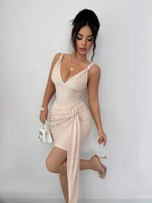 Elenzga 女士极简主义扭结领褶皱设计金属扣短裙 - 杏色 - 查看 6