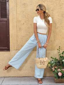SHEIN Frenchy 女士条纹休闲百搭阔腿裤，适合日常穿着 - 藍白色 - 查看 4