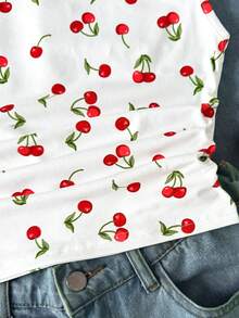 Teen Girl Casual Ruffle Shoulder Cherry Print Versatile Daily T-Shirt Girls Cherry Shirt Cherry Print Top Cute Summer Crop Top Fruity Print Shirt Aesthetic Girls Top - White - View 3