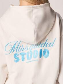 MISSGUIDED Oversized Hoodie With Drawstring Hood And Centre Pocket Blue Text Print Casual Sweatshirt - Apricot - View 5