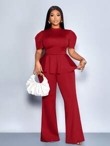 SOLERSUN Women's Elegant Party Summer Red And White Textured Puff Sleeve High Neck Backside Button Bow Cut-Out Waist Slim Fit Top & Long Pants Vintage Set - Burgundy - View 2