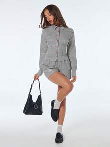 Sweetina 2026 New Arrive Women's Plaid Long Sleeve Button-Up Shirt And Shorts Casual 2 Pieces Set,Spring/Summer - Navy Blue - View 3