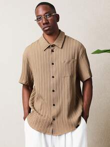 SUMWON Men's Short Sleeve Button Down Shirt With Vertical Striped Pattern Classic Collar Regular Fit Casual Summer Top - Coffee Brown - View 1