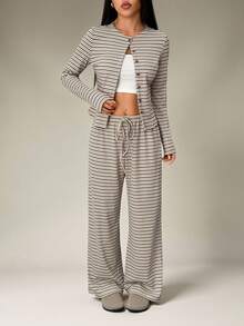 SHEIN PETITE 2pcs Women Casual Striped Front Button Long Sleeve Top And Wide Leg Pants Set, Spring And Summer 2 Piece Casual Sets Woman Comfortable Two Piece Set - Multicolor - View 5