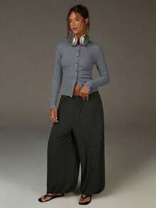 Athîral 女士条纹圆领单排扣休闲日常长袖T恤 - 深灰色 - 查看 4