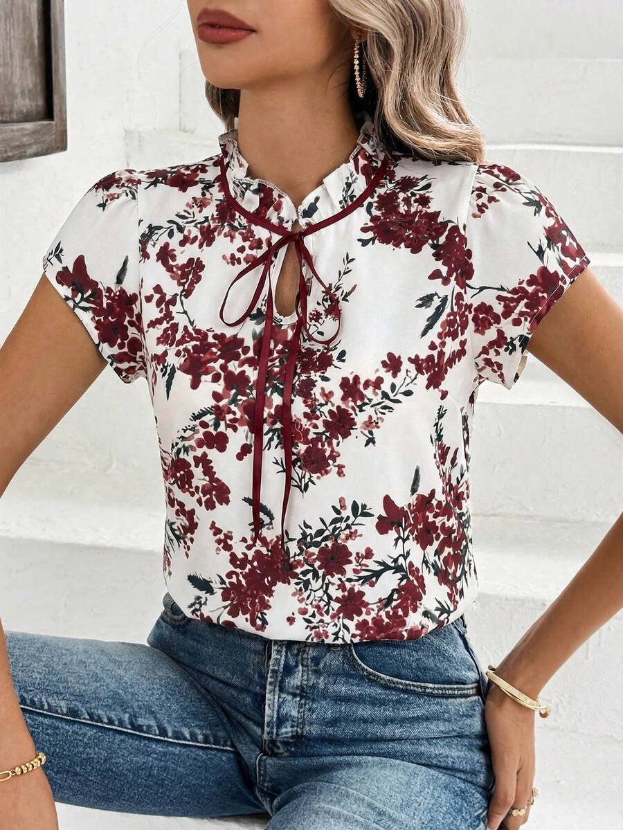 SHEIN Clasi 女士碎花荷叶边系带衬衫 - 酒紅色 - 查看 1