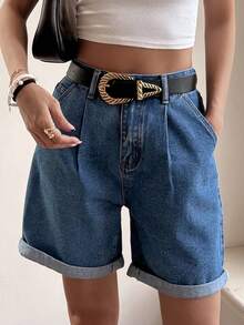 DAZY Women's Casual Loose Pleated Denim Shorts - Blue - View 6