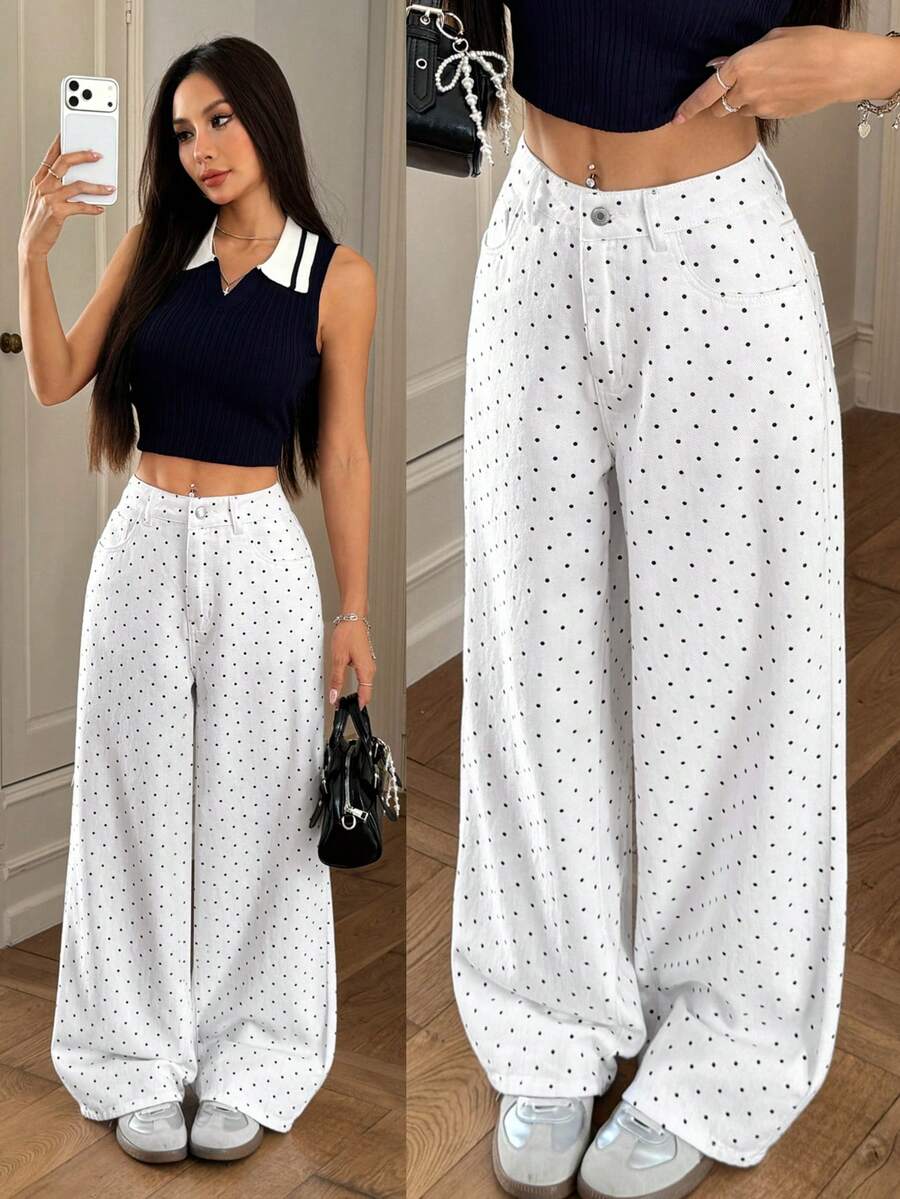 Rivivi 女士休闲波点印花宽松阔腿牛仔裤，适合通勤和度假穿着 - 白色 - 查看 1