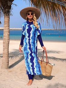 Swim Mulvari 三件套新款蓝色纯色长袖拉链连体泳衣配长裤，条纹网纱罩衫，优雅女士泳衣，女士比基尼泳装 - 藍色 - 查看 6