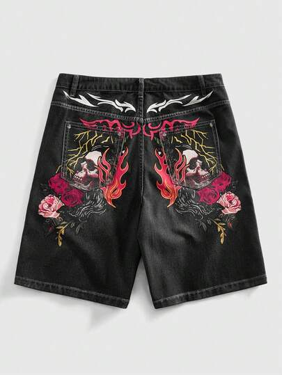 ROMWE MEN Street Life Men's Casual Fashionable Street Skull, Flame & Floral Print Washed Denim Shorts, Suitable For Daily Commute In Summer