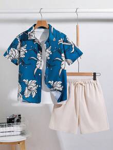SHEIN 2 Stück/Set Tween-Jungen Lässig Urlaubs Kurzarm Blumen Hemd & Shorts Set, geeignet für Pendeln, Schule, Alltag, Sport, Frühling/Sommer, Urlaub, Strand - Grün - Übersicht 2