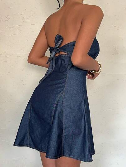 Aloruh 女士露背系带褶皱下摆牛仔吊带裙