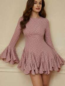 Aveloria Rosie Đầm dài tay xếp tầng họa tiết chấm bi màu nước thời trang, kiểu dáng châu Âu, thích hợp cho mùa thu/đông. - Hồng - Xem 3