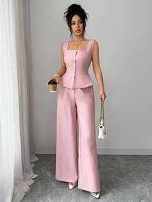 Elenzga 新款优雅法式简约两件套，精致设计，方领无袖露脐上衣搭配高腰阔腿裤，亚麻面料，女士休闲通勤装。 - 粉色 - 查看 2