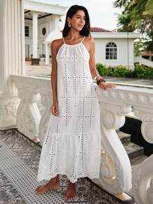 Swim Chiccia 26SS 白色露背网纱刺绣提花连衣裙，优雅精致，适合海滩度假和春夏穿着 - 白色 - 查看 5