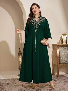 SHEIN Najma Đầm dài tay kiểu Ả Rập thanh lịch phối màu, thêu hoa dành cho nữ cỡ lớn. - Màu xanh lá cây đậm - Xem 3