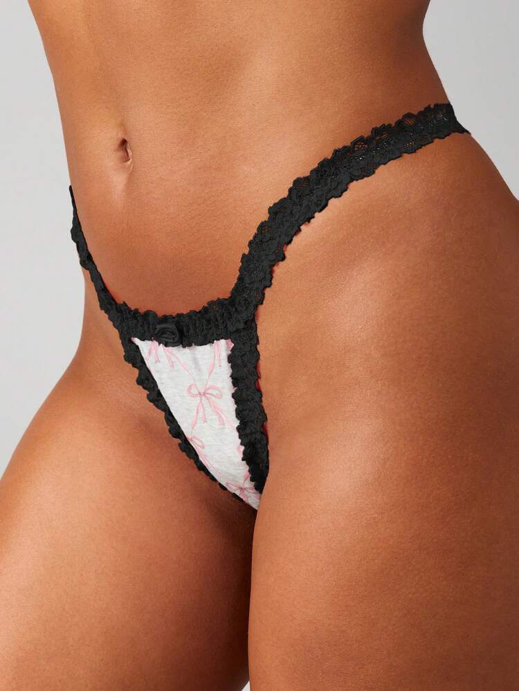 MISSGUIDED Grey Marl Bow Print Thong With Black Contrast Lace Trim Low Rise Underwear For Women