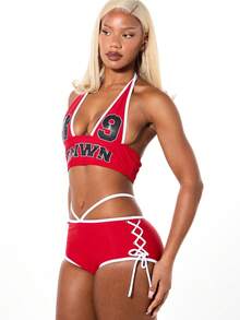 SUMWON WOMEN 这款两件式挂脖比基尼套装，饰有大学号码印花和系带下装，适合夏季度假泳池和海滩穿着。 - 紅色 - 查看 6
