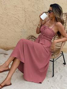 SHEIN Frenchy 女士纯色吊带无袖系腰带口袋中长连衣裙 - 藕粉色 - 查看 8