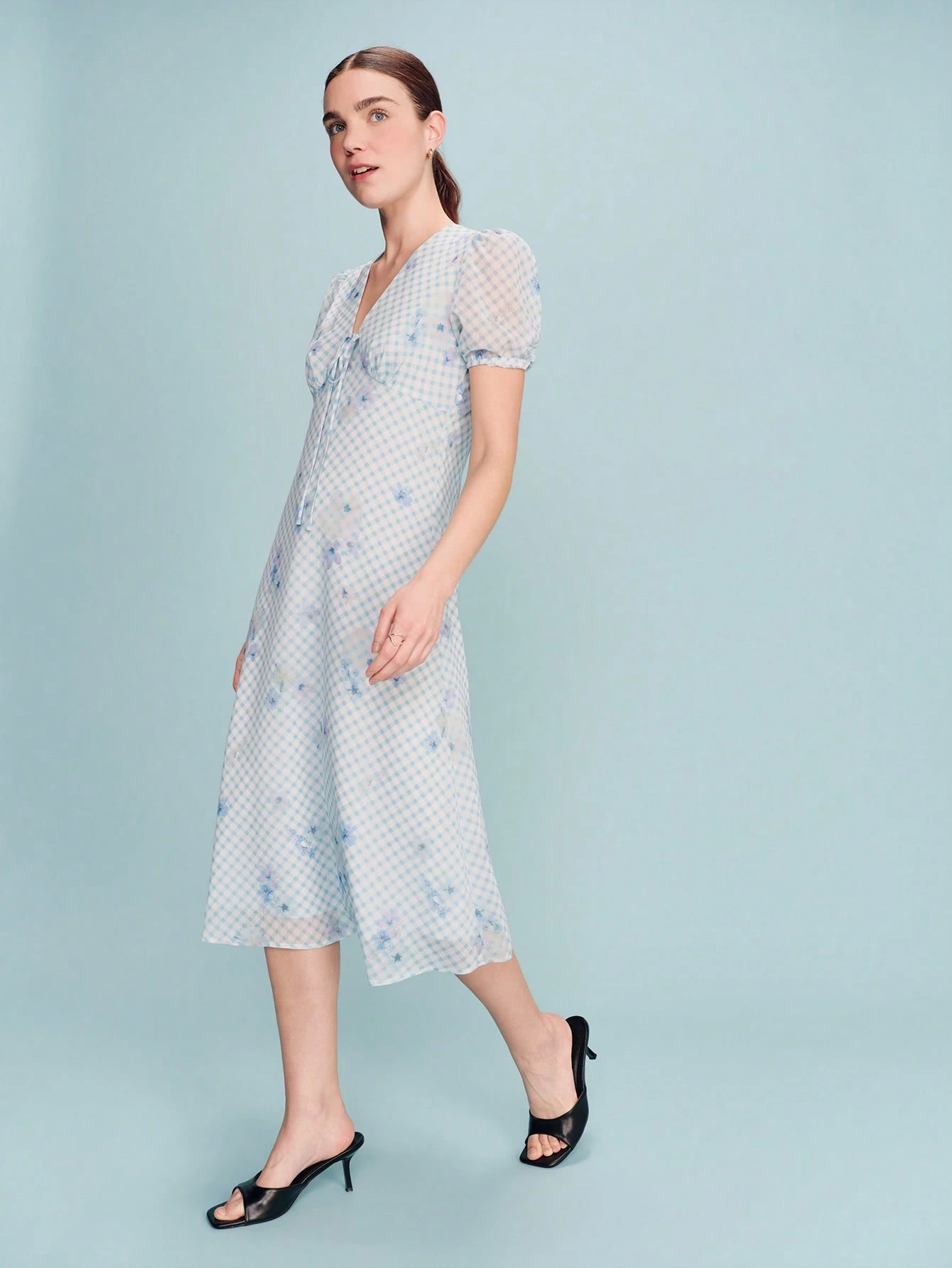 Blue Check Print V Neck Midi Dress With Tie Front Detail And Short Puff Sleeves Spring Summer Wedding Guest Dress French Style Parisian Style Going Out