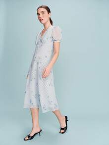 lacRébo 蓝色格纹V领中长连衣裙，正面系带设计，短泡泡袖，春夏款 - 藍色 - 查看 3