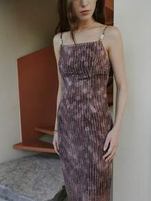 Nöista Slip Dress Features A Delicate Vertical Stripe Pattern With Subtle Floral Detailing With Adjustable Straps. Spring, Summer, Weeding Dress, Easter, Night, Formal Event, Woman. - Brown - View 3