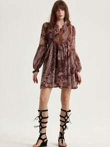 Frievida Bohemian Style Chiffon Loose Vacation Ruffled Patchwork Long Sleeve Dress - Multicolor - View 5