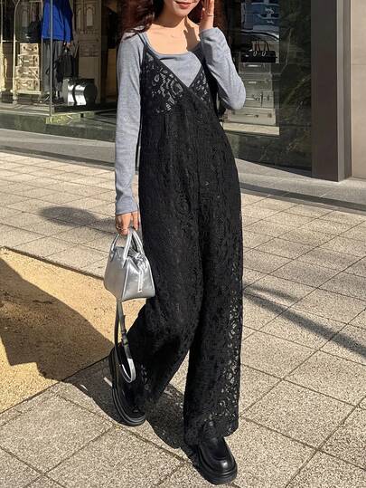 FRIFUL 女士纯色吊带透视蕾丝直筒宽松休闲连体裤，百搭春季装扮