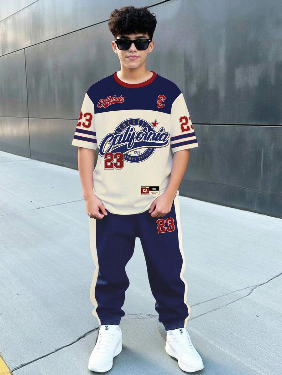 青少年男童新款休闲简约Y2K风格英文字母数字23运动复古美式拼接舒适圆领短袖T恤和裤子套装,适合春夏穿着 - 彩色 - 查看 1