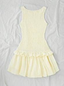 Elamini Vestido mini con volantes en el bajo, color albaricoque, para verano - Amarillo claro - Ver 2