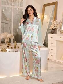 LuxeNights Women's Elegant Floral Print Mandarin Collar Mesh Patchwork Long Sleeve Shirt And Pants Pajama Set, Spring/Summer/Autumn - Multicolor - View 5