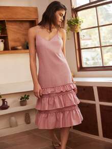 Lullawish 女士纯色简约休闲无袖连衣裙家居服 - 藕粉色 - 查看 1
