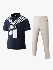 三件套男童绅士套装，夏季新款休闲短袖衬衫+条纹披肩+休闲裤，撞色搭配设计，优雅精致，适合日常穿着、外出、通勤、用餐、聚会、招待、舞台表演、婚礼、毕业典礼等场合。 - 彩色 - 查看 8