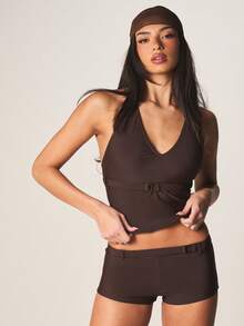 MISSGUIDED V Neck Tankini Bikini Set With Belt Detail High Waisted Shorts Summer Beach Swimwear Two Piece Set - Brown - View 1