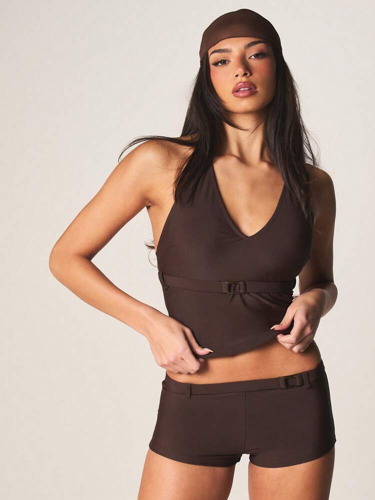 MISSGUIDED V Neck Tankini Bikini Set With Belt Detail High Waisted Shorts Summer Beach Swimwear Two Piece Set