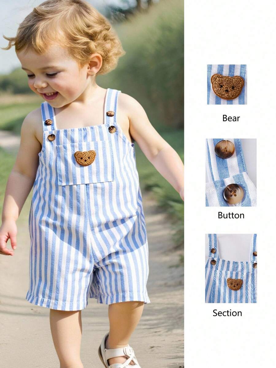 Genkimix Kids New Cute Bear Head Casual Blue & White Striped Pocket Young BoyBib & Brace Overalls - Blue and White - View 1