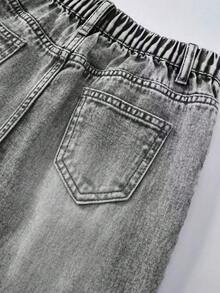 Tween Girl Retro Casual Personalized Fashion Blue Washed Ripped Patch Five-Pointed Star Embroidery Straight Leg Jeans, Relaxed Holiday & Casual Style Bottom - Grey - View 8