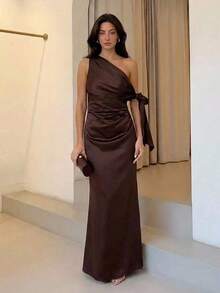 Aloruh Elegant Spaghetti Strap Tie-Up Long Satin Dress, Summer - Brown - View 5