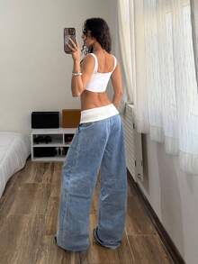 StreetHx Women's Casual Fashion Street Contrast Foldover Waist Loose Flare Leg Jeans, Suitable For Daily Commute Summer Holiday Outfits Casual Women Coachella Music Festival Barrel Jeans Valentine Day Banana Jeans Baggy Jeans Y2k Women Jeans Baggy Wide Leg Jeans Woman Loose Jeans Elastic Waist Jeans - Light Wash - View 2