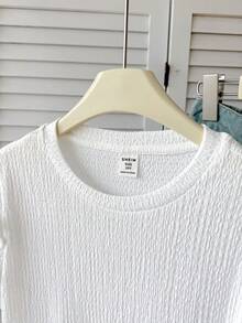 SHEIN Camiseta de manga corta para niña preadolescente, primavera/verano, casual elegante, con decoración de flores 3D de strass, cuello redondo, ajustada, de punto acanalado texturizado, KIDS - Blanco - Ver 5